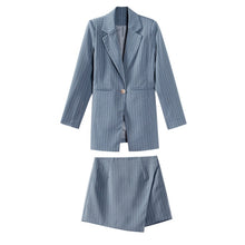Load image into Gallery viewer, Fashion Women Skirt Suits One Button Notched Striped Blazer Jackets and Slim Mini Skirts Two Pieces OL Sets Female Outfits 2019