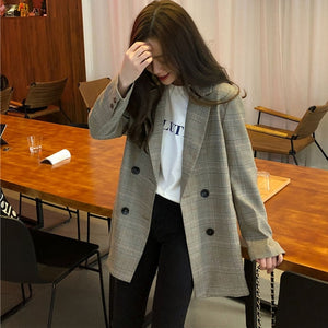 Office Ladies Notched Collar Plaid Women Blazer Double Breasted Autumn Jacket 2020 Casual Pockets Female Suits Coat