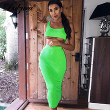 Load image into Gallery viewer, Dulzura neon ribbed knitted women two piece matching co ord set crop top midi skirt sexy festival party 2019 winter clothing
